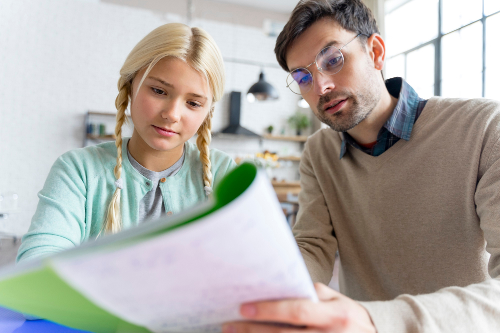 An adult male tutor with glasses tutoring a young blonde female