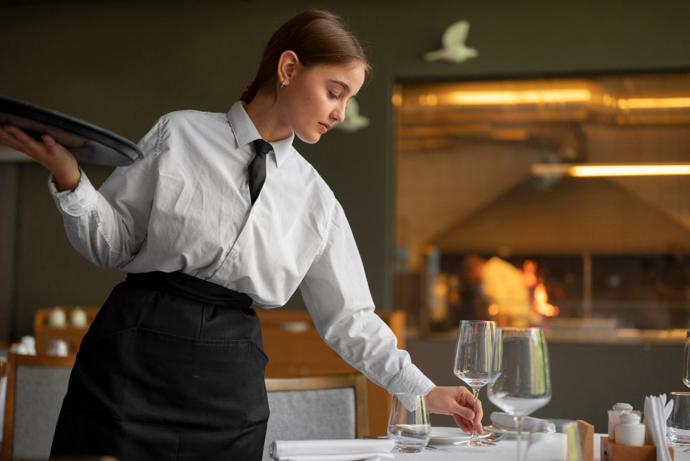 A teenage female student working as a waiter in a luxury restaurant.